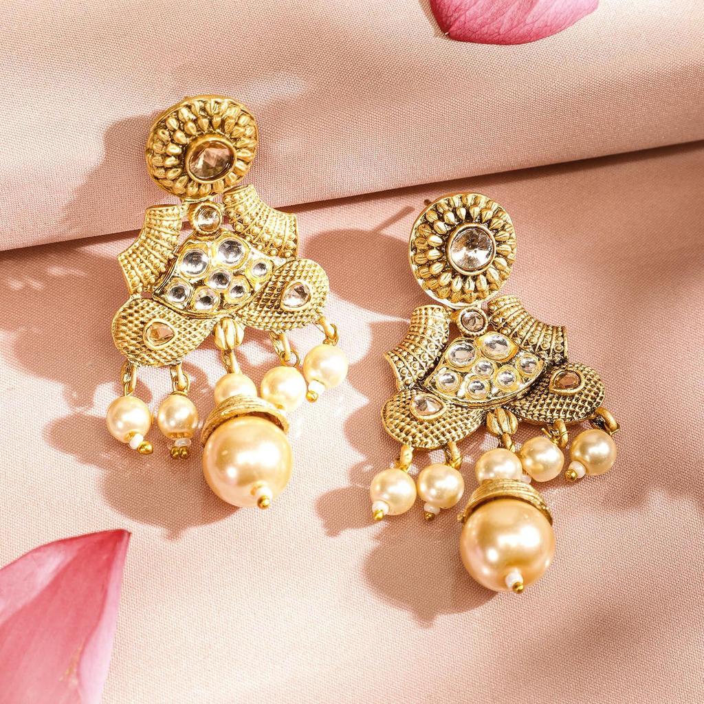 Pearl & White Stone Studded Necklace Jewellery Set For Women