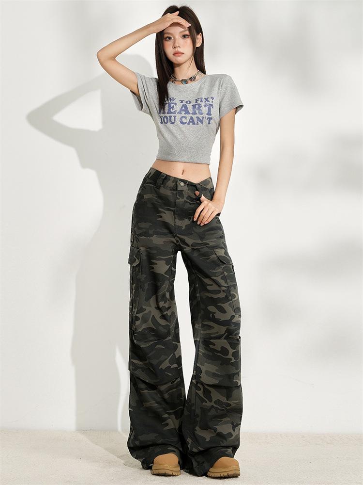 Women's American Style Spicy Camouflage Multi-Pocket Wide-Leg Jeans - Early Autumn 2025