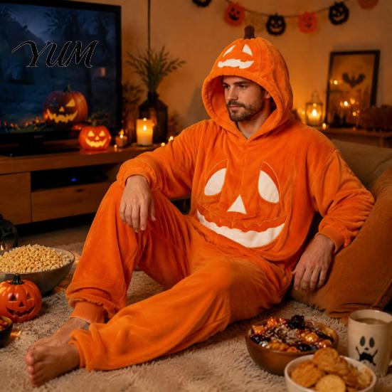Unisex flísové pyžamo Halloweenský dýňový overal pro dospělé, Plyšový kostým s kapucí pro dospělé, Nadměrný volný domácí oblečení, Vtipný podzimní