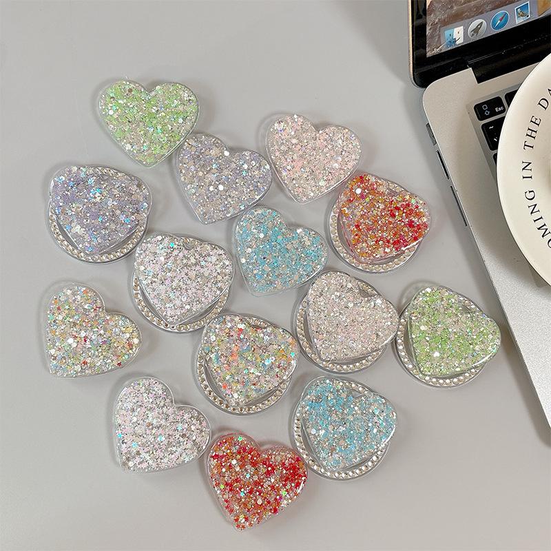 Korean Rhinestone Heart Shape Phone Holder with Magnetic Glitter Finger Ring