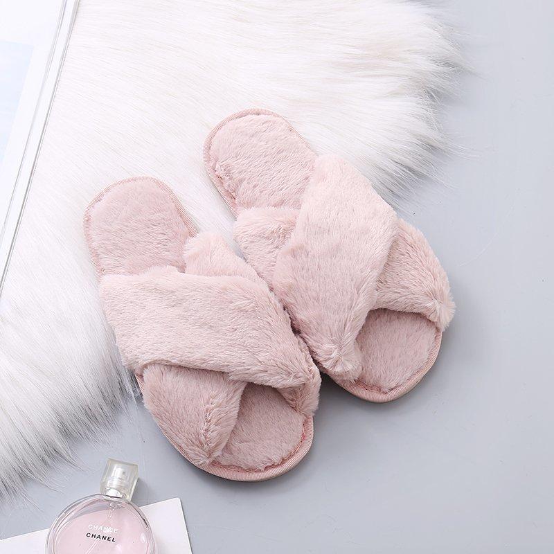 Winter New Women Slippers Faux Fur Cross Fluffy Flat Slippers Women's Home Floor Flip Flops Fashion Plush Warm Slippers WSH3748