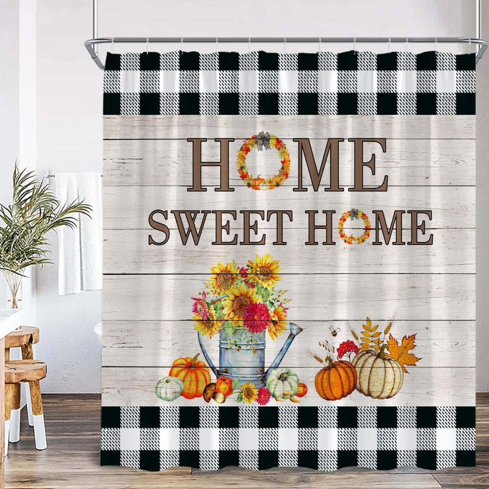 Autumn Harvest Season Shower Curtain Pumpkin Sunflower Corn Squirrel Fall Country Bathroom Decor Orange Polyester Bath Curtain