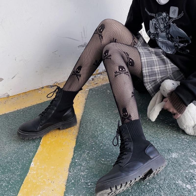 Sexy Strumpfhosen Damen Totenkopf Mystery Oberschenkelhoch Hohe Taille Strümpfe Gothic JK Lolita Netzstrumpfhosen Damen Geschenke