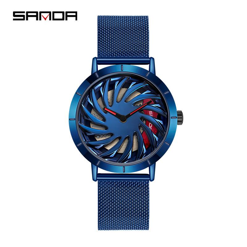 Sanda Men's Creative Rotating Quartz Wristwatch with Mesh Strap