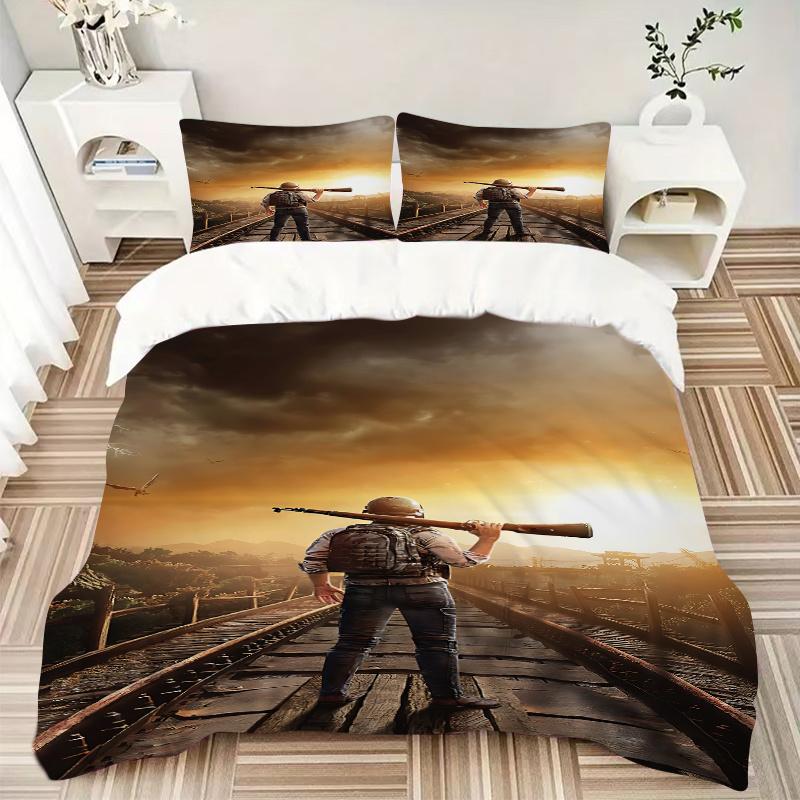3pcs PUBG Home Decor Bedding Set-Rustic Soldier with Rifle Print-Universal Three-Piece Suit for Bedroom, Guest Room, Living Room, Hotel-Perf