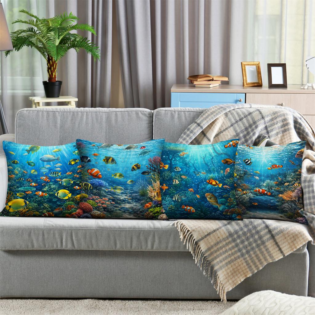 Tropical Coral Reef Pillow Covers, Vibrant Underwater Fish Decorative Throw Pillow Cases, Ocean Marine Home Decor Cushion Covers