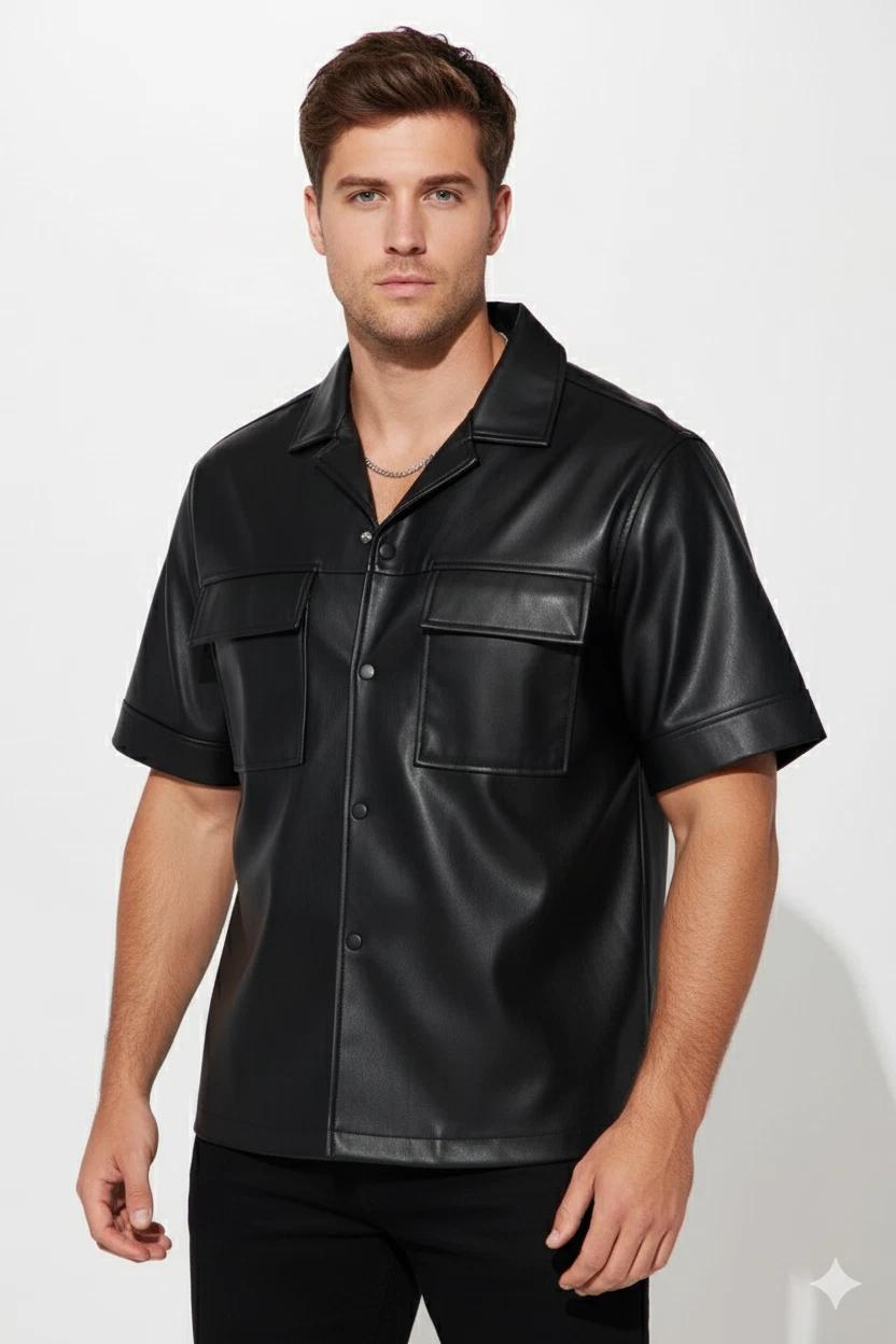 

Real Lambskin Stylish Casual Biker Motorcycle Handmade Men s Shirt Black Leather 3XL чорний