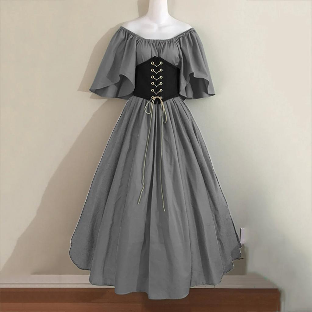 Halloween Costumes for Women Medieval Retro Contrasting Color Slim Swing Dress One-word Shoulder Dress Love Live Cosplay
