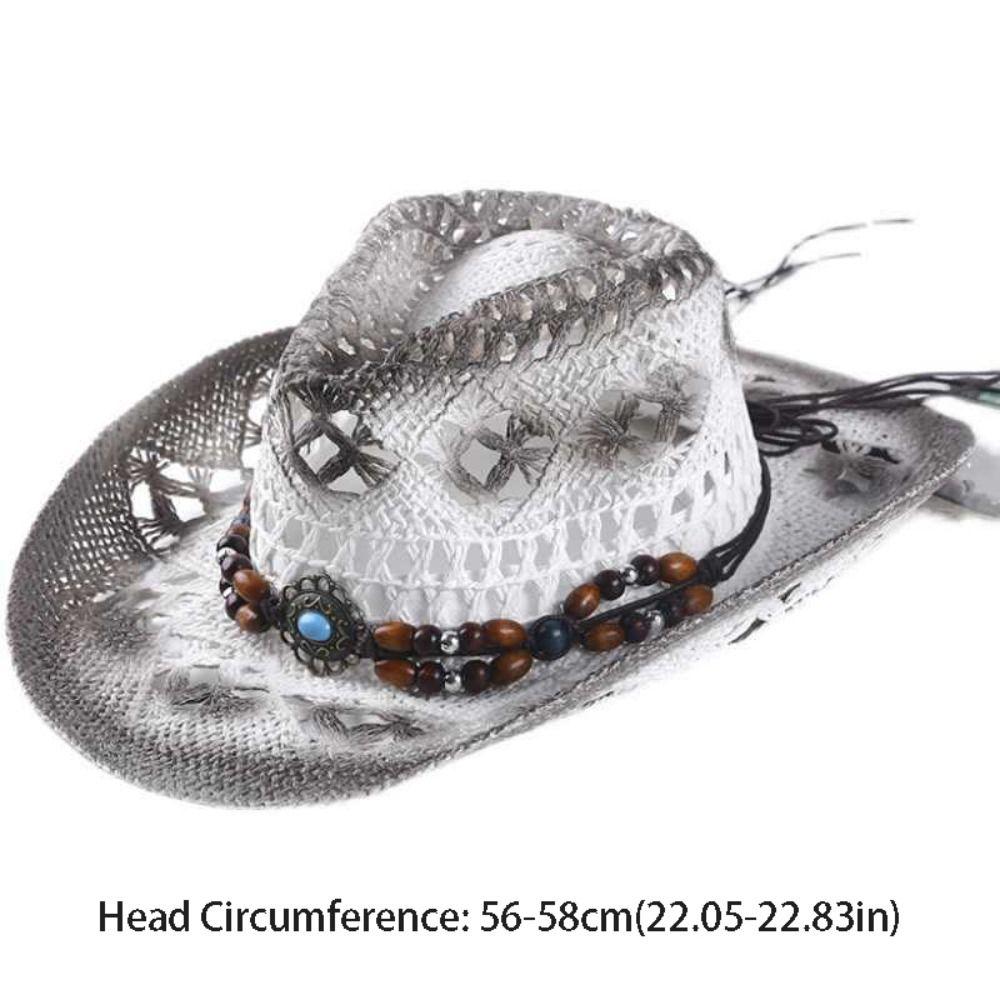 Retro Wide Brim Western Cowboy Hat Beads Ethnic Style Sunscreen Straw Hat Breathable Hollow Out Sun Hat Summer