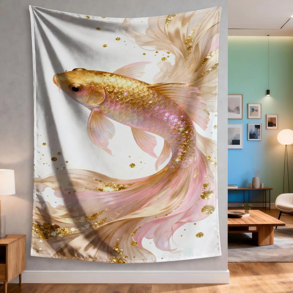 Goldener Koi Wandteppich Elegantes Fisch Funkelndes Design Sanfte Farben Polyester 5161 für Schlafzimmer oder Wohnheim
