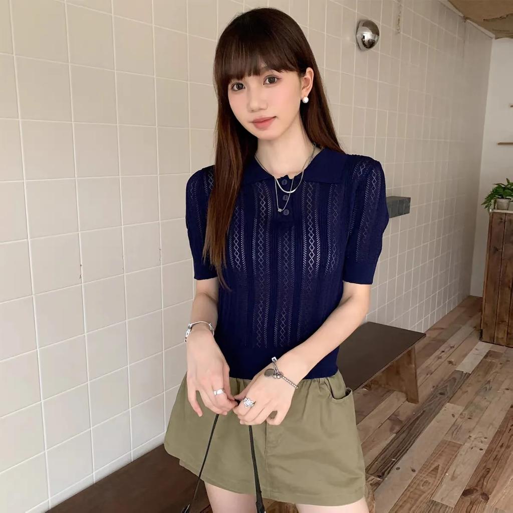 Solid Knitted T-shirts Hollow Out Thin Spring Summer Sweet T Shirt for Women Korean Elegant Top