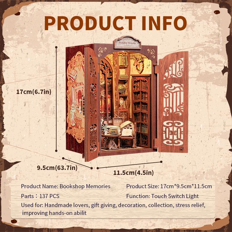 1PC DIY Book Nook Kit Miniature Wooden Dollhouse with Light Bookshelf Insert Decoration Model for Gifts Bookshop Memories