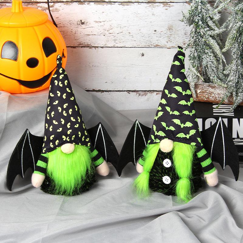 1Pc Halloween Decor Elf Decoration Gnome Dolls Party Supplies Handmade Plush Doll with Bat and Spider Patterns with Bat Wings