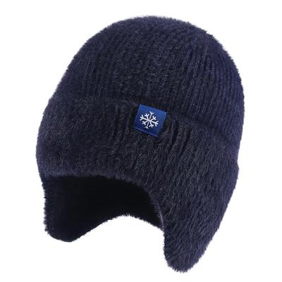 Winter Knit Earflap Beanie Soft Hat Outdoor Warm Woolen Snow Logo Plush Lined Brimmed Ski Skull Caps Blank Black Cold Hats