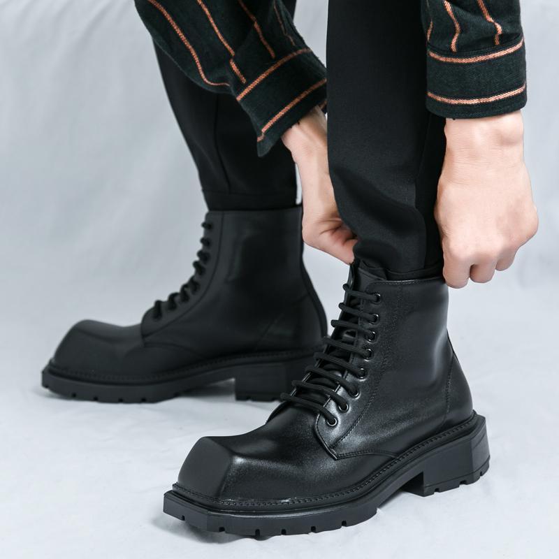 Men’s Retro Punk Thick Sole Platform Boots Jockey Boots Yellow Square Toe Motorcycle Boots High Boots Plus Size