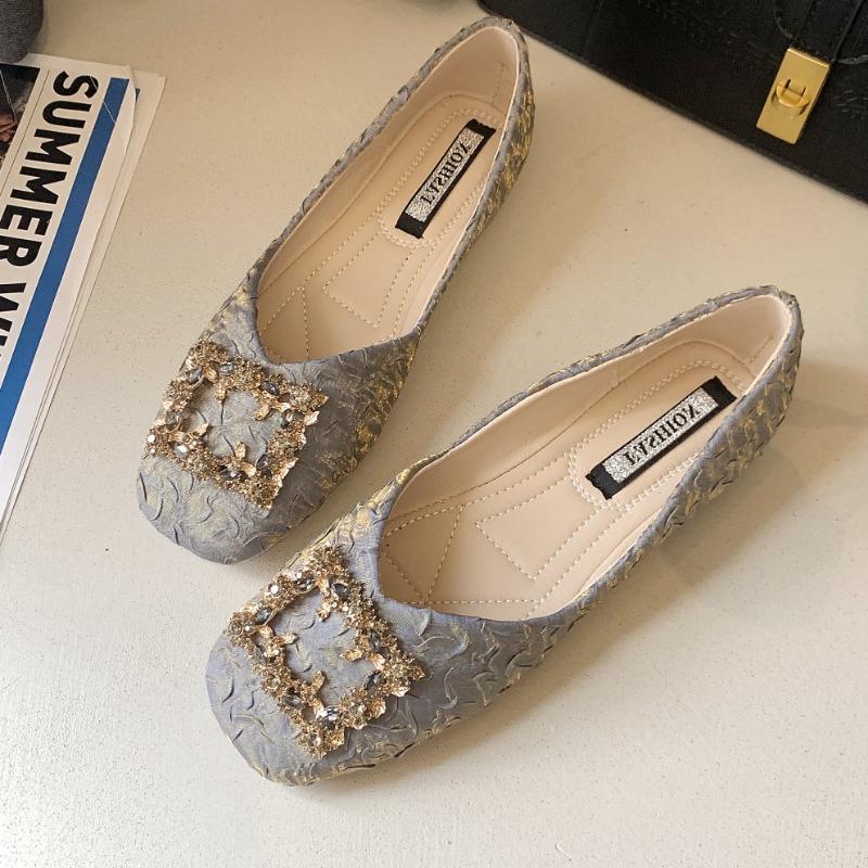 Women's Square Head Flat Shoes Fall New Shallow Mouth Rhinestone Square Buckle Shoes