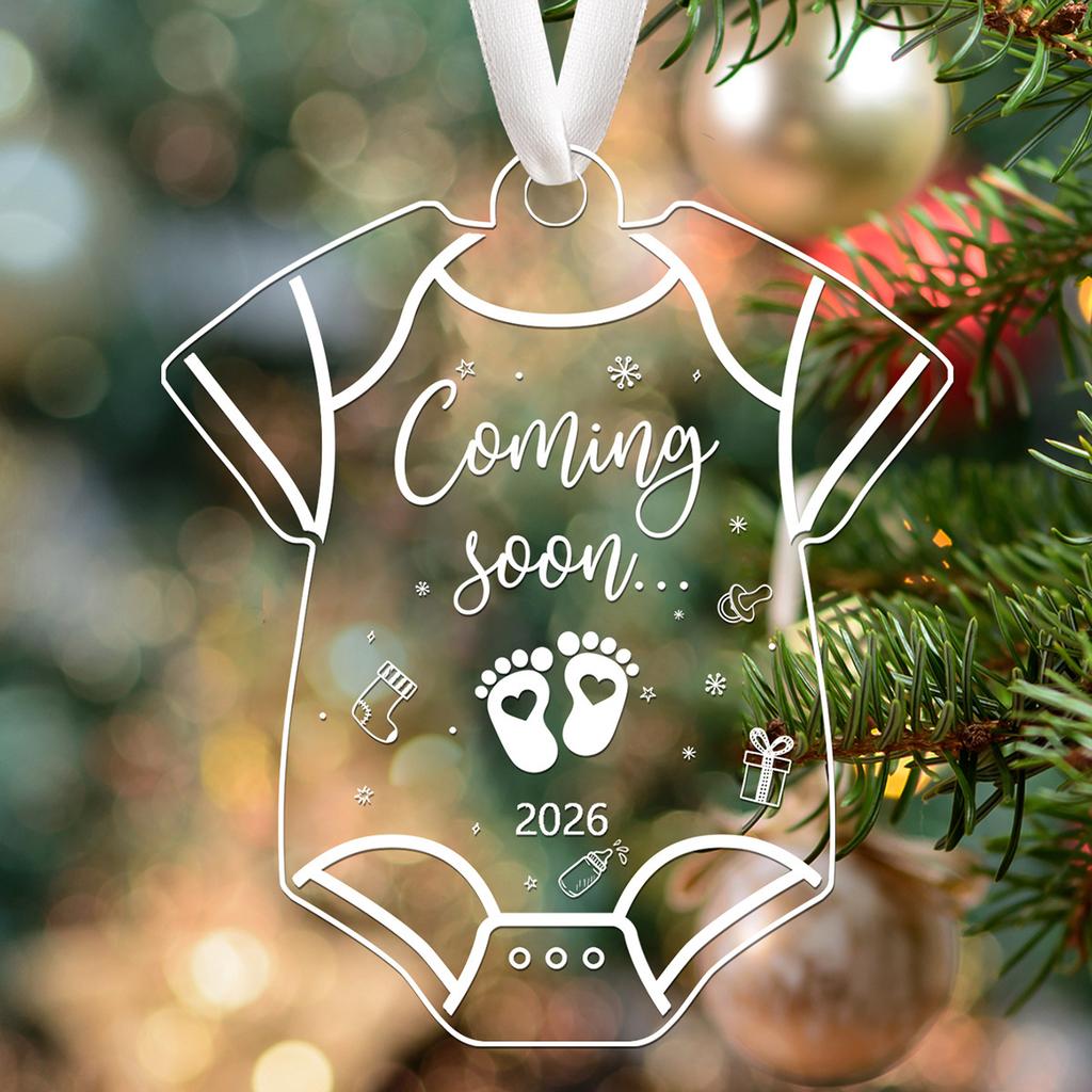 2D Flat,2026 Baby Shower & Pregnancy Announcement Decoration - Transparent Acrylic Hanging Ornament with "Coming Soon"Footprints