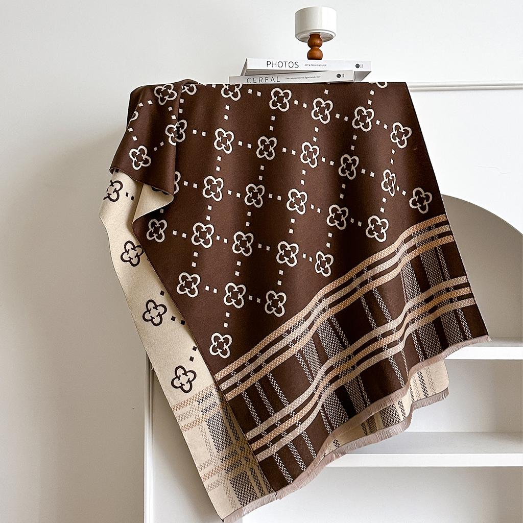 Scarf Women'S Autumn And Winter Versatile Plaid Flower High-End Imitation Cashmere Office Air Conditioner Shawl With A Variety Of Styles