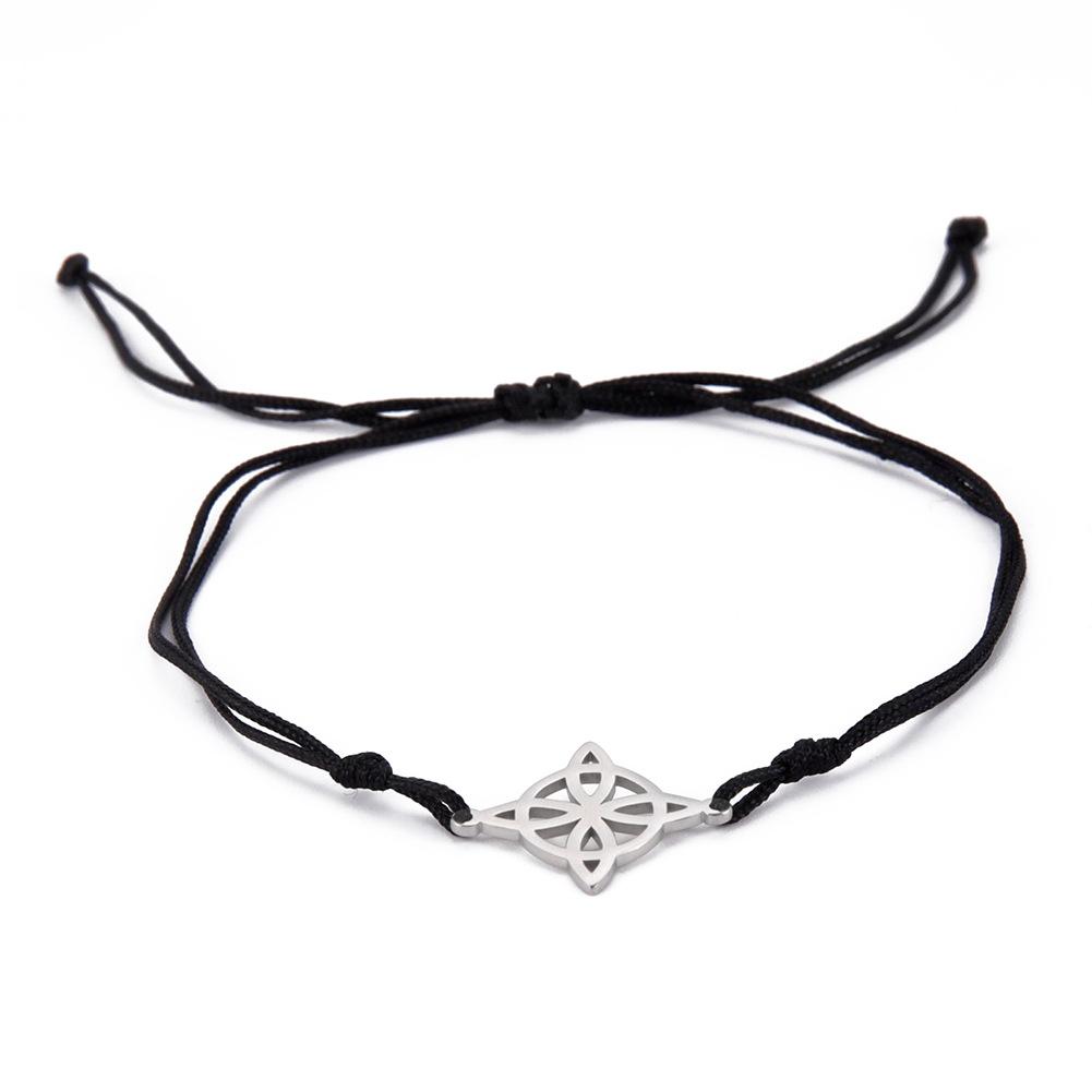 Titanium Steel Hollow Out Four Leaf Clover Round Pendant Jade Cord Braided Bracelet