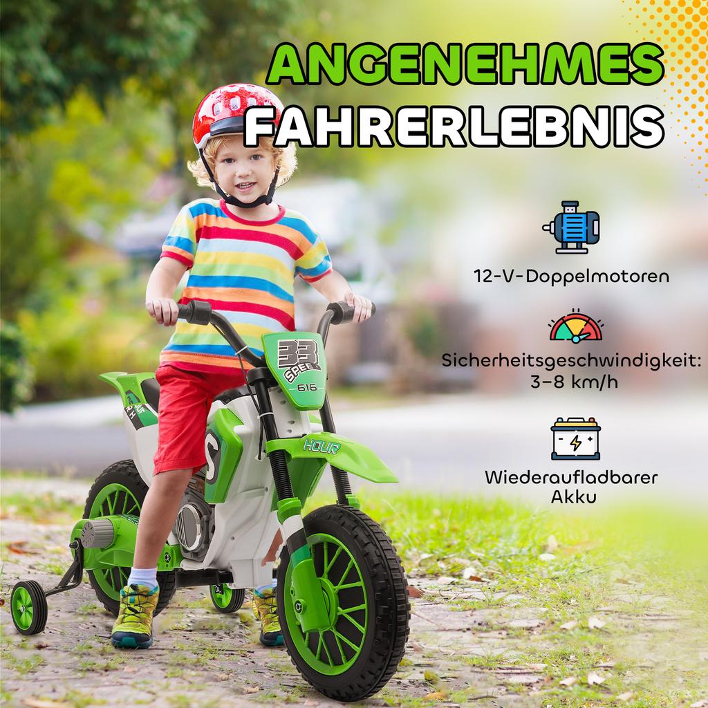 Moto per Bambini, Moto Elettrica, Autonomia 45 Minuti, con Rotelle di Supporto, da 3 Anni, Verde+Bianco, 106,5 x 51,5 x 68cm