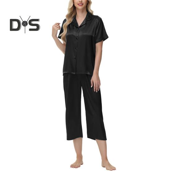 2-teiliges Set aus Seidenpyjama mit Revers und Button-Down-Langarmhemd, elastischer Bund, weites Bein, verkürzte Hose, Homewear, lässiges Outfit, Frühlingsnachtwäsche