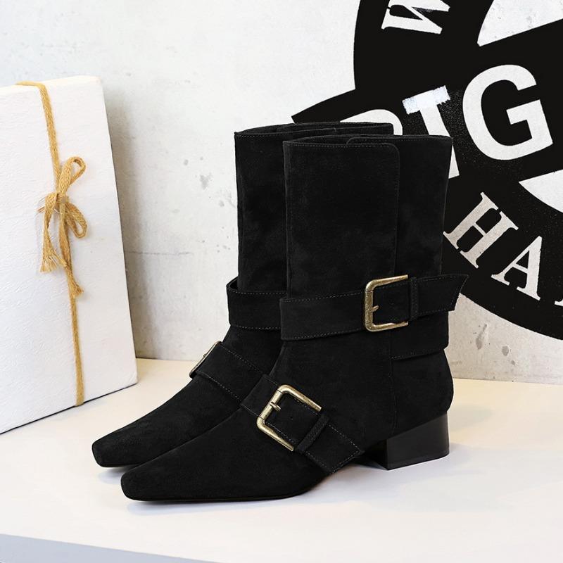 Retro Suede Women'S Boots Fashion Pointed Thick Heel Knight Boots For Women Designer Belt Buckle Women'S Shoes Botas Para Mujer