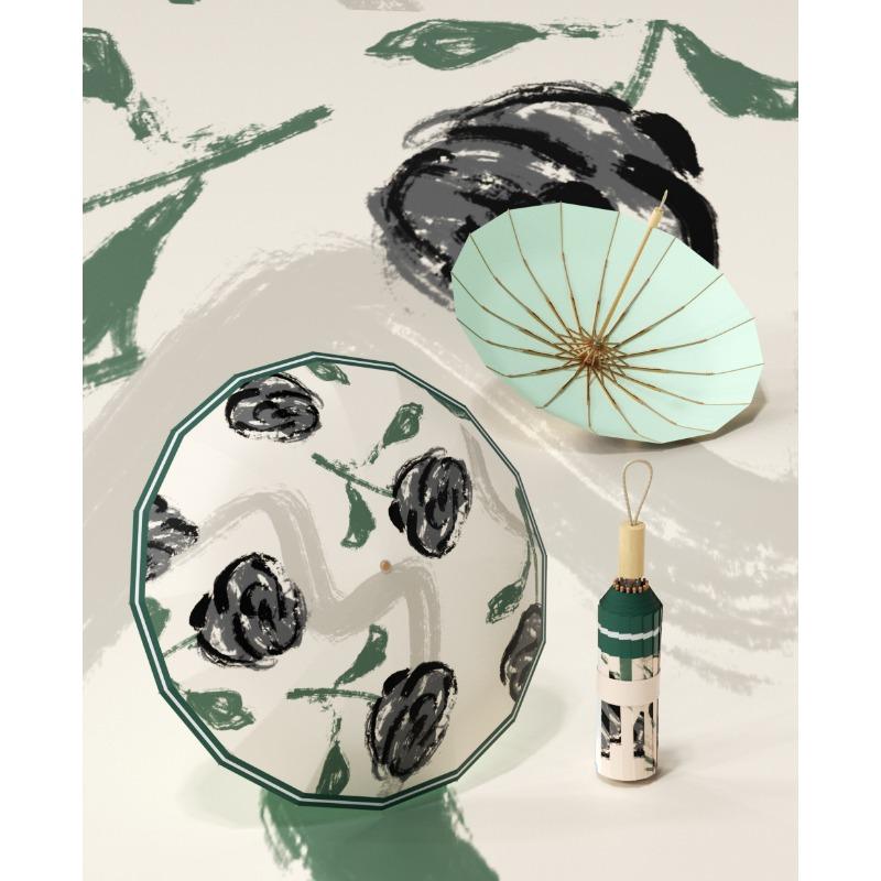 Hand-opened 16-bone color glue high-end gift umbrella three-fold retro wind-resistant reinforced umbrella for both weather and rain
