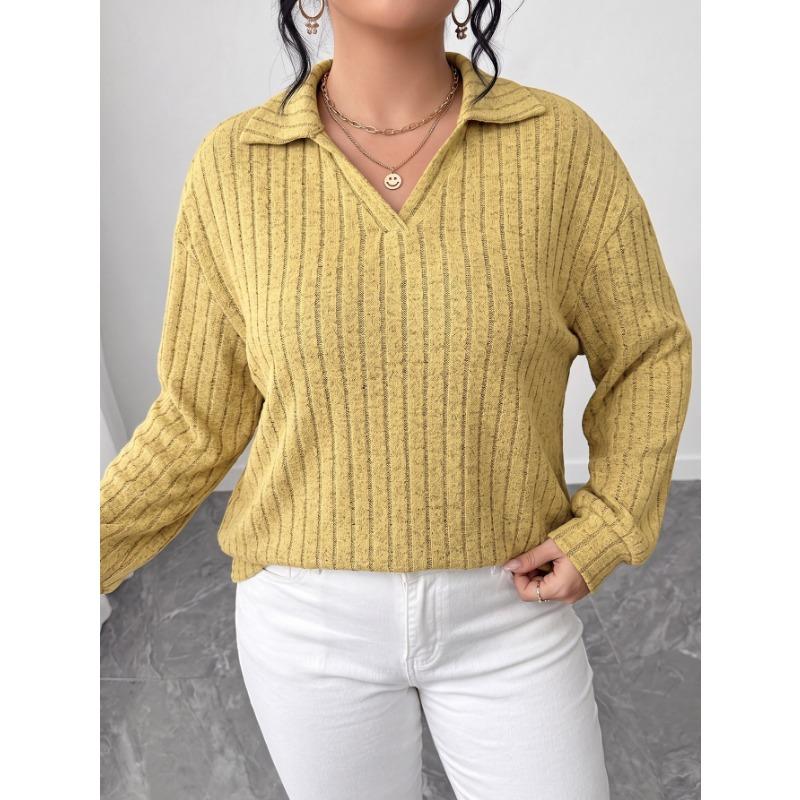 Plus Size Women S Long Sleeve Knit Turn Down Collar Striped Casual Basic Top