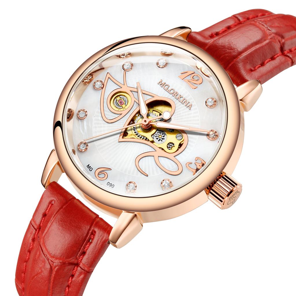 ORKINA Women's Automatic Mechanical Watch Fashion Diamond Love Hollow Design Mesh Stainless Steel Strap Wristwatch MG090