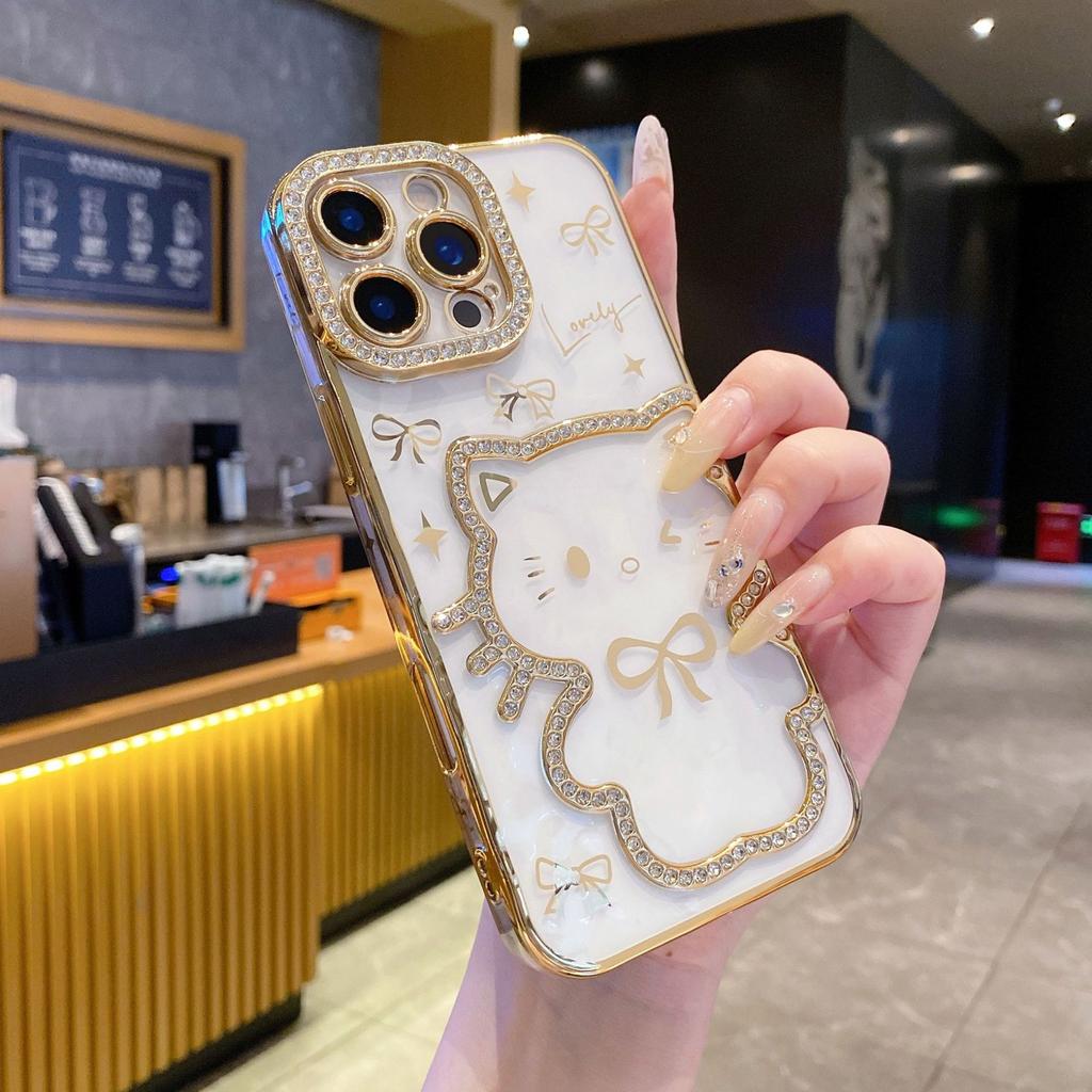 Electroplating Three-dimensional Point Drill Cute Cat iPhone16Promax Mobile Phone Case for Apple 15 Bow 14/13