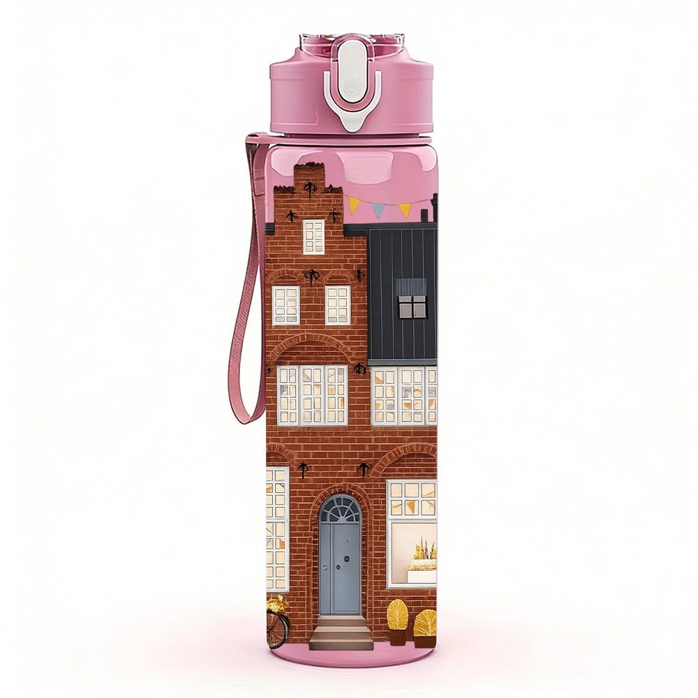 1PC Brown Building House 750ml Color Plastic Sports Water Bottle Leakproof Flip Straw Lid Suitable for Sports Office Home Use