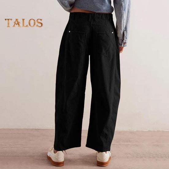Women Corduroy Pants Elastic Waist Mid-rise Button Zipper Fly Wide Leg Casual Trousers with Pockets Solid Color Slacks