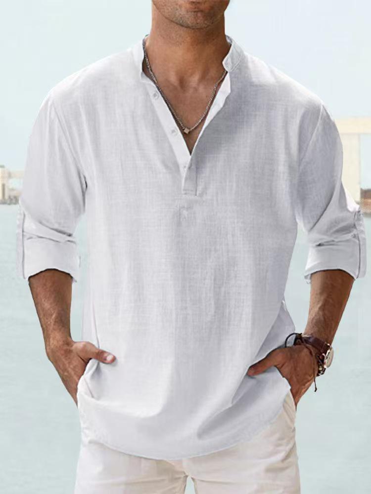 Herren Sommer Casual Locker sitzendes Stehkragen Einfarbig Langarm Baumwollhemd, Übergröße verfügbar