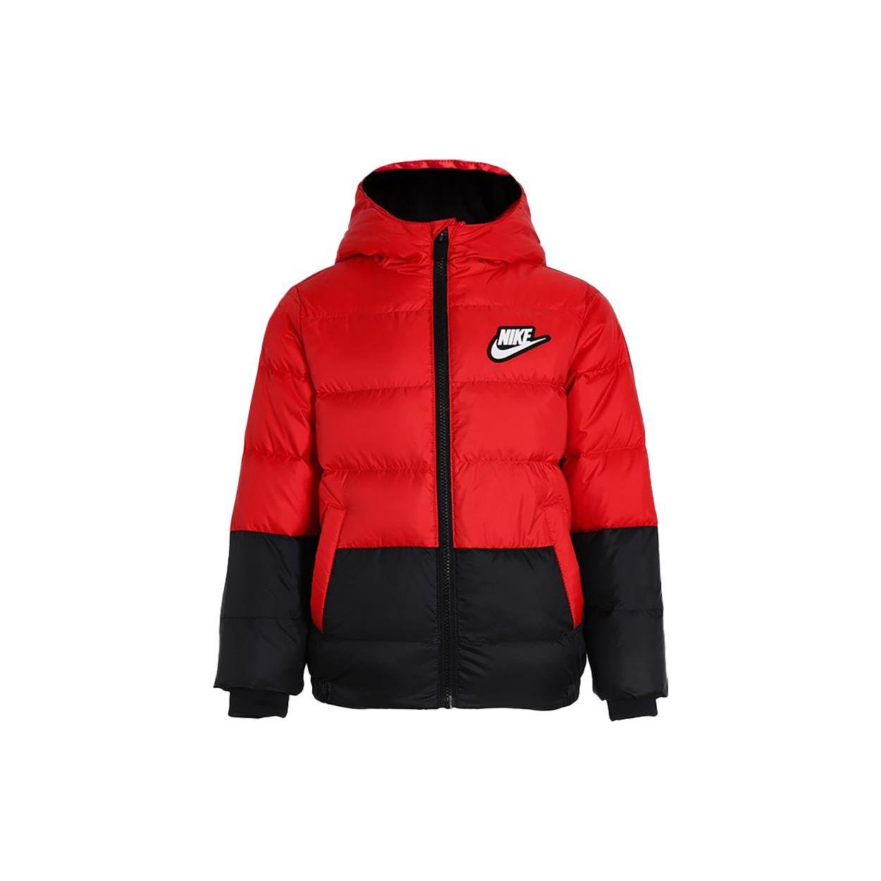 

Nike Color Block Hooded Logo Patch Long Sleeve Down Jacket Kids outerwear Black Red DO3607-657 4