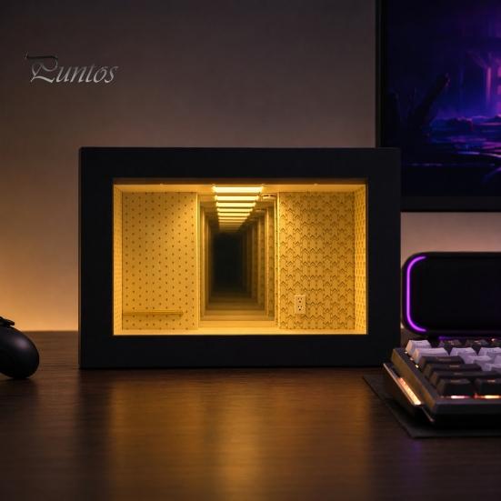 Double-layer Mirror Frame Wooden Backrooms Style Night Light, Infinite Effect Tabletop Lamp, Matte Black Solid Wood Photo Box Dustproof Ambient Light