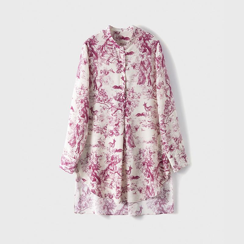 

French Fawn Print Silk Crepe de Chine Mid-Length Top with Half Placket L
