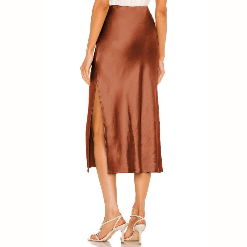 Атласная эластичная юбка-бюстье средней длины с высокой талией и разрезом XL коричневый — фото 5