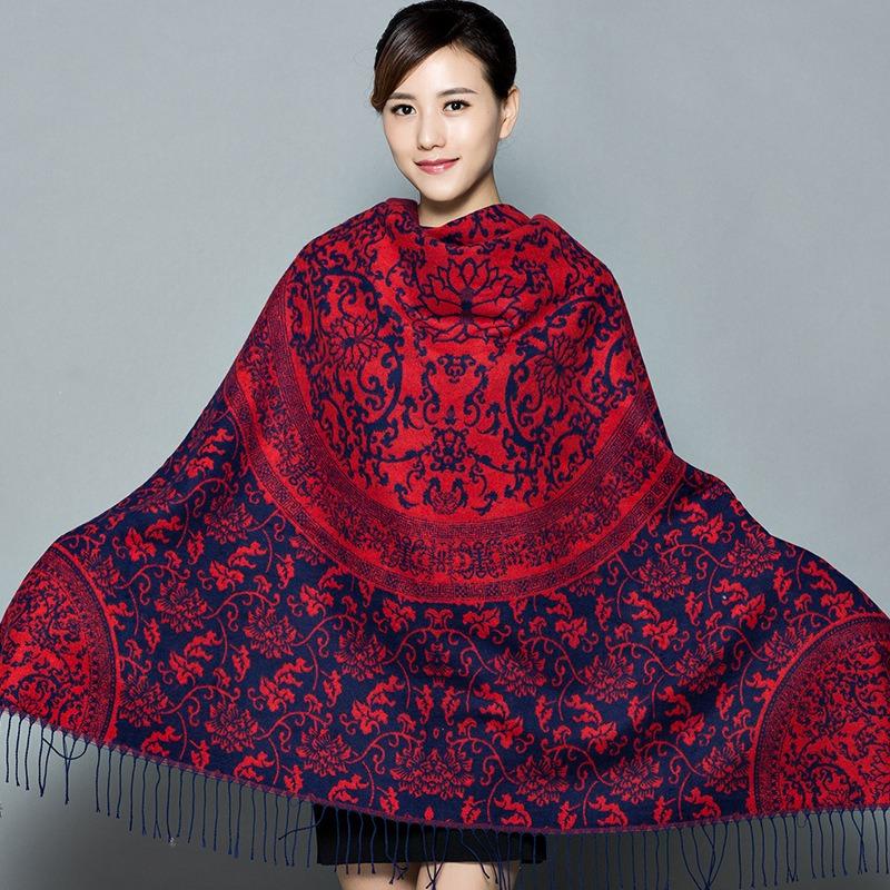Ethnic Style Blue White Porcelain Faux Cashmere Scarf For Women Winter Autumn Travel Gift