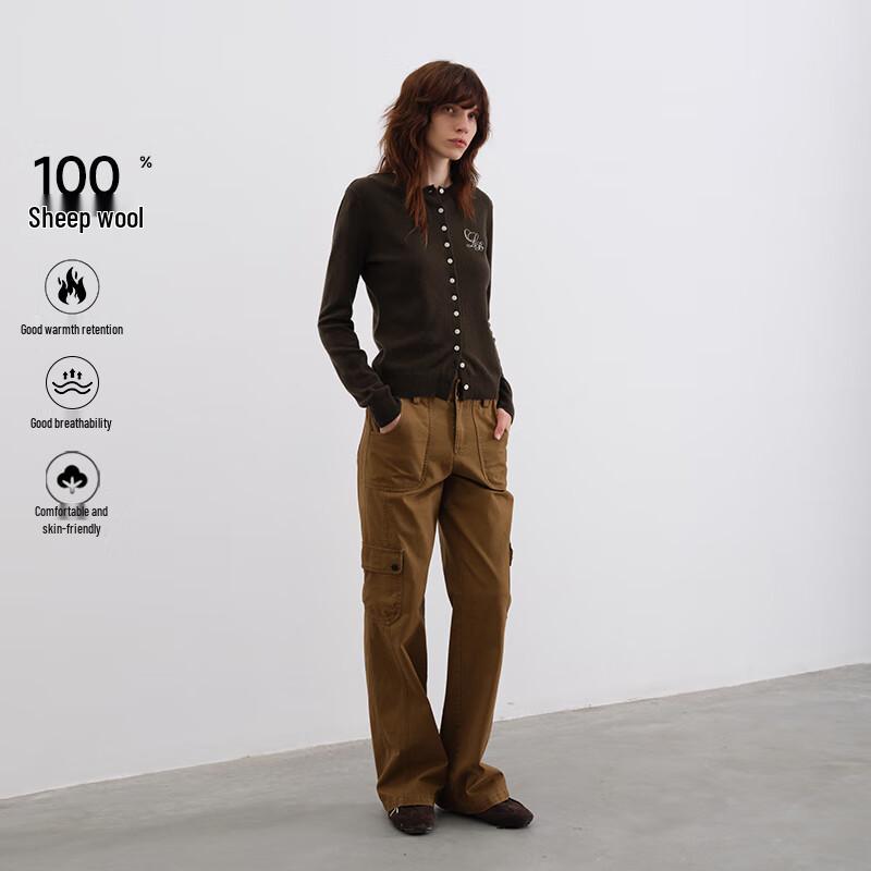 GREEN BELT Women's 100% Wool Slim Fit Embroidered Round Neck Cardigan