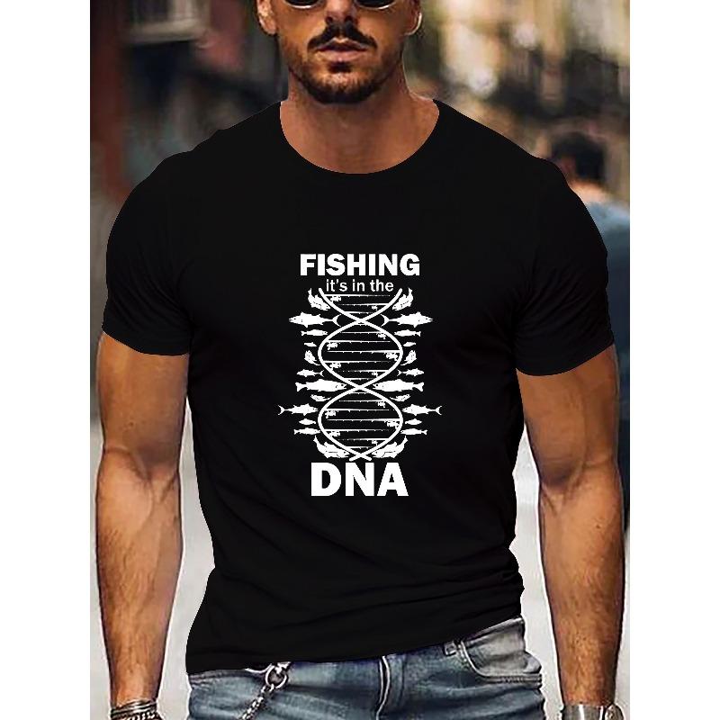 European sizes Fishing DNA Print Men'S Round Neck T-Shirt, Lightweight Breathable Outdoor Top, Suitable for Daily Life And Athletic Activities