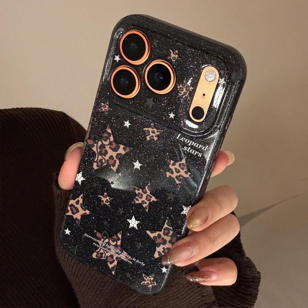 Glitter Leopard Print Star Phone Case for iPhone 15, iPhone 16, iPhone 17 Pro Max