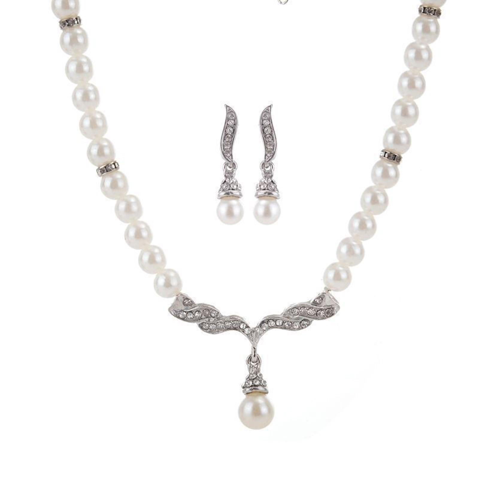 

Комплект ювелирных изделий для взрослых, свадебное женское ожерелье, искусственный жемчуг, стразы, подвески, свадебные серьги для вечеринки One Size серебряный