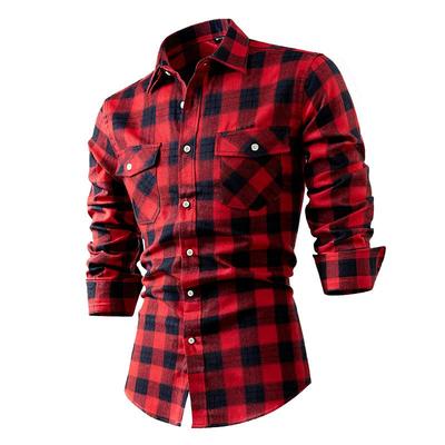Spring Summer Slim Fit Brushed Plaid High-End Long Sleeve Double Pocket Men's Flannel Shirt