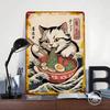 Cat Eating Ramen With Chopsticks Art Tin Plaque Poster Customized Wall Art Retro Vintage Metal Signs for Man Cave Bathroom Decor