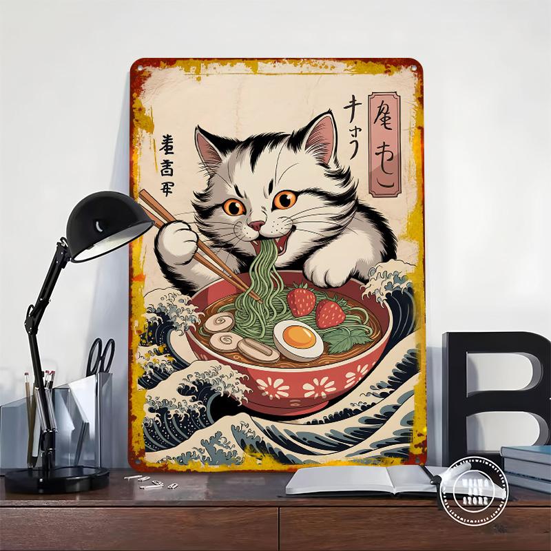 Cat Eating Ramen With Chopsticks Art Tin Plaque Poster Customized Wall Art Retro Vintage Metal Signs for Man Cave Bathroom Decor