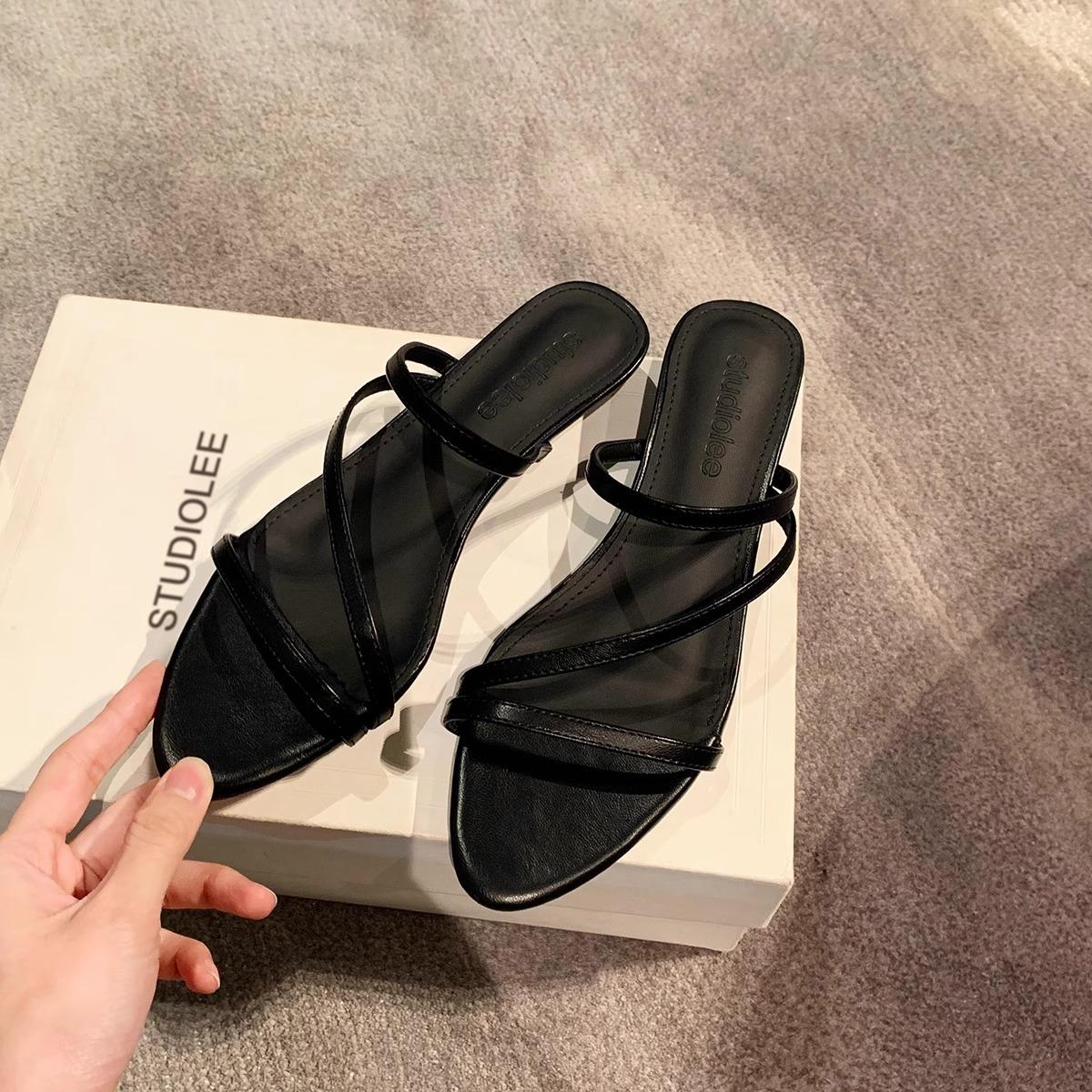 

Sheepskin version~ Temperament pointed round head open-toed thin strap small heel sandals women s summer outer slippers 40