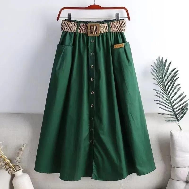 2025 Spring Summer Women Washed Cotton Elastic High-waist Skirt Pocket Belt Solid Long A-line Skirts Split Hem All-match Skirts