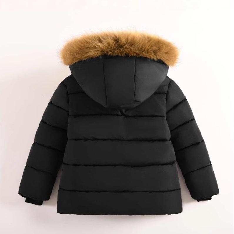 2-8 Jahre Herbst Winter Jungen Jacke Dick Warmhaltendes Futter Plüsch Abnehmbare Kapuze Kapuzenpelzkragen Mantel für Kinder Kinder Oberbekleidung