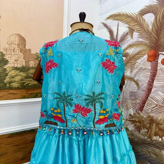 Festive Blue Tiered Skirt & Embroidered Jacket Set