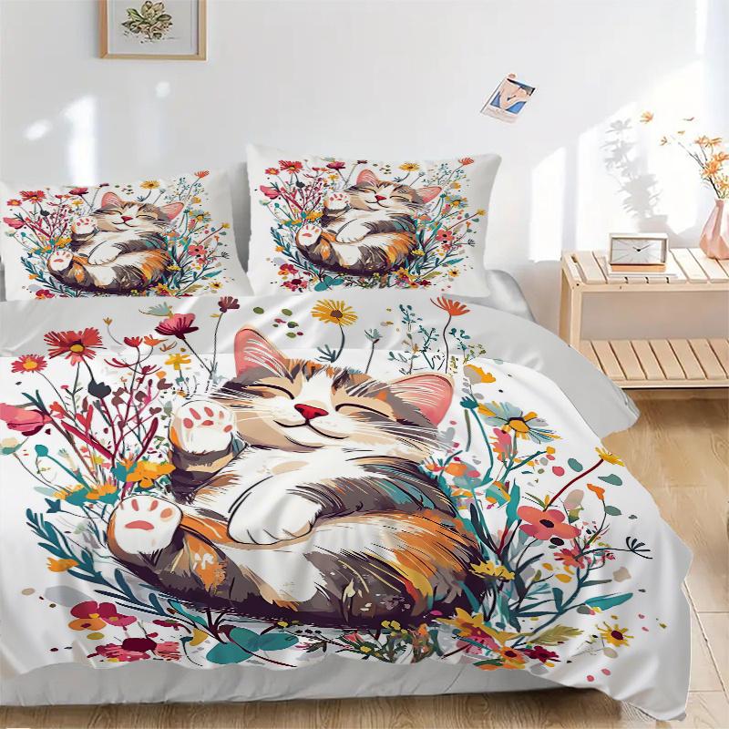 3pcs Happy Cat Quilt Set - Soft and Comfortable Bedroom, Guest Room and Dorm Decor Bedding Set M063